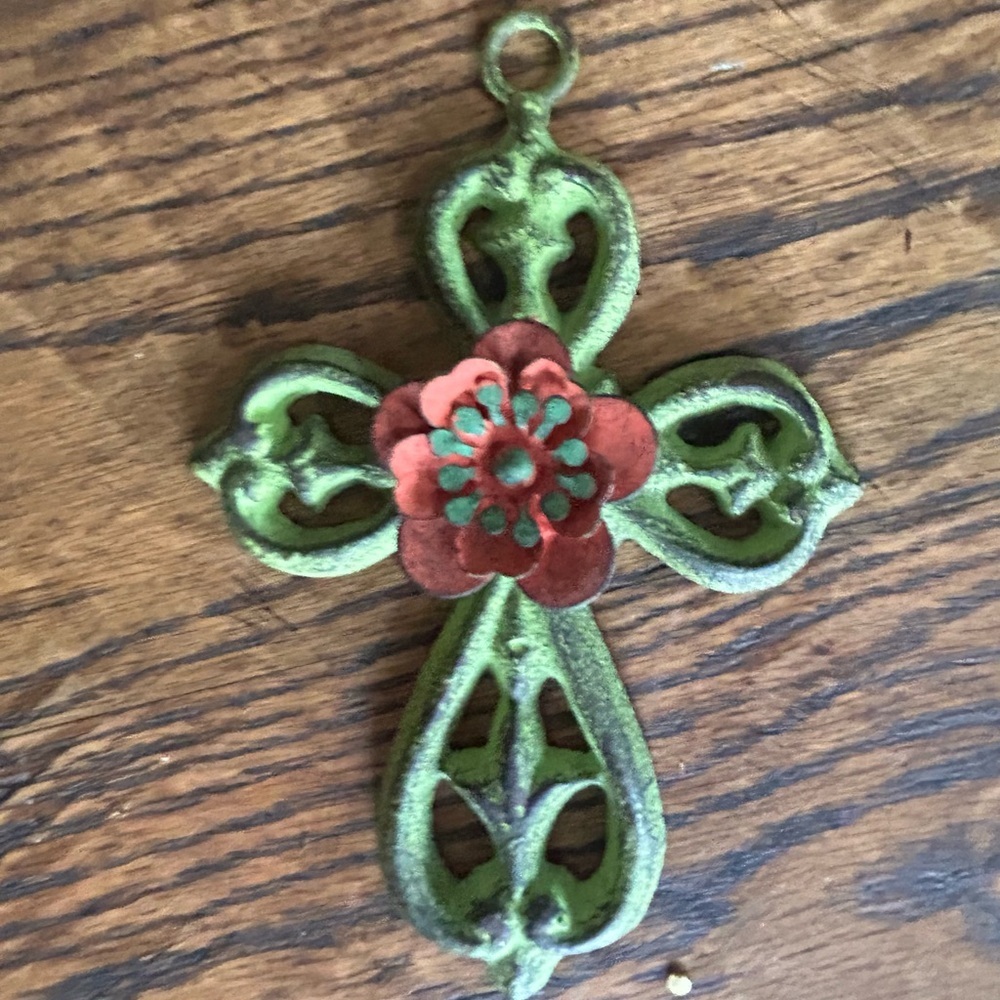 Green Cross Metal Rustic Look With Red Flower